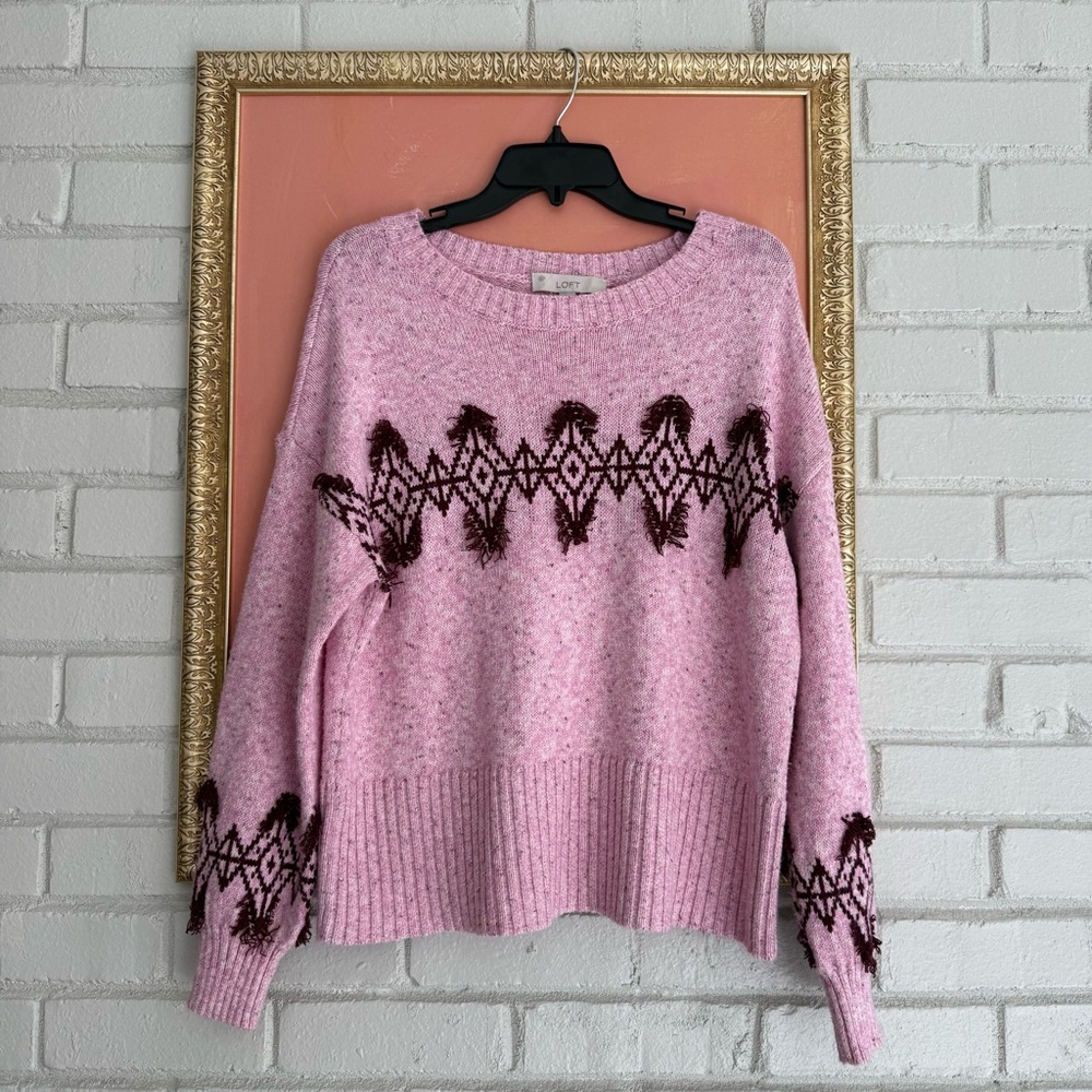 LOFT Pink Fringe Fair Isle Sweater